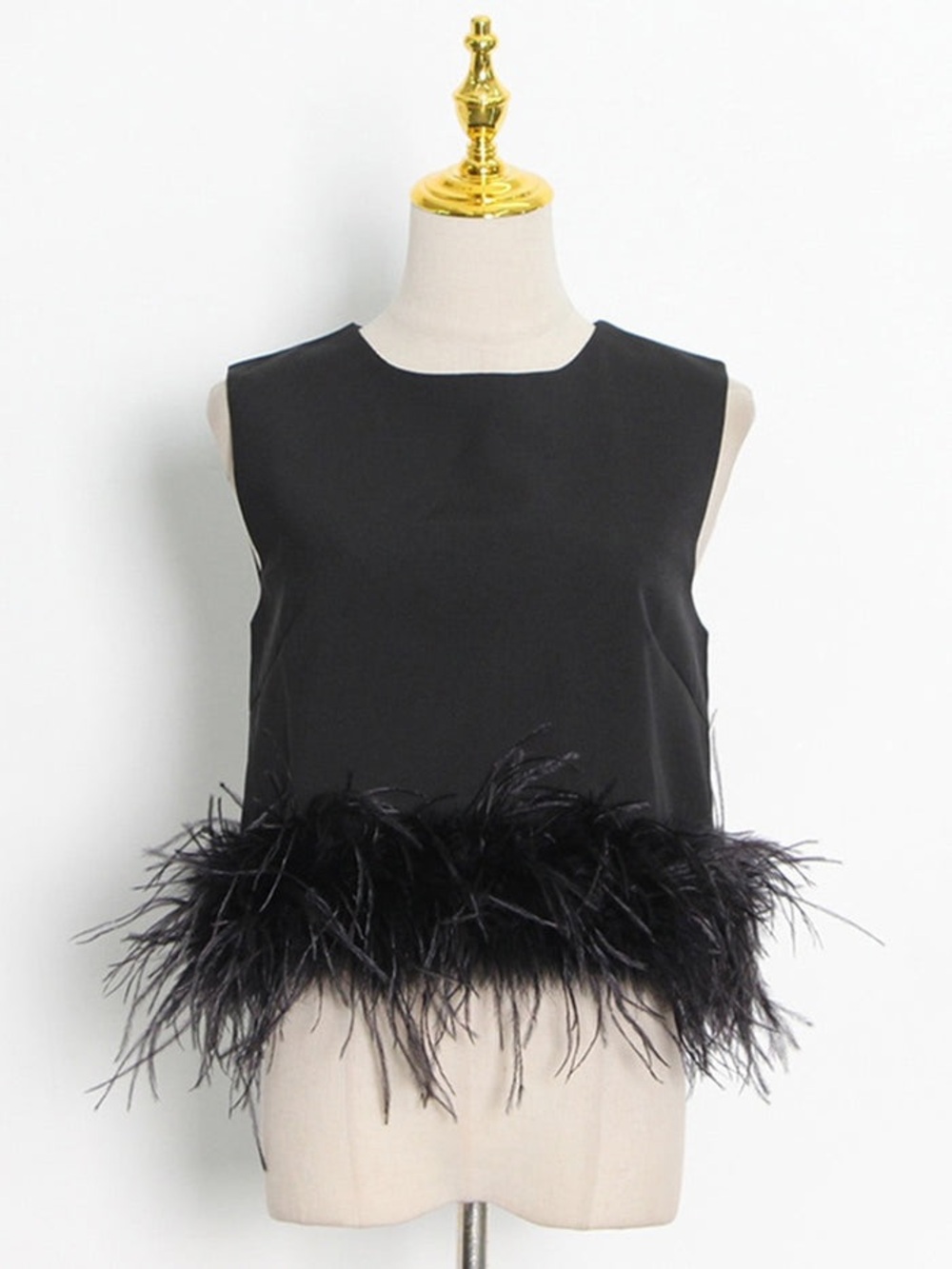 Black Feather-Hem Sleeveless Crop Top